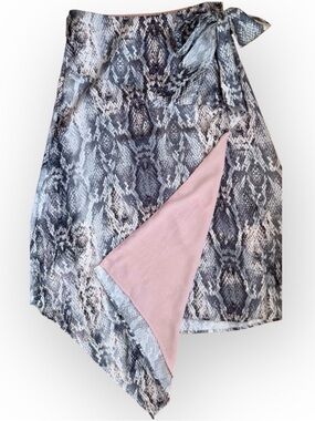 Krisa XS Snakeskin‎ Print Handkerchief Wrap Midi Skirt Grey Pink Asymmetrical